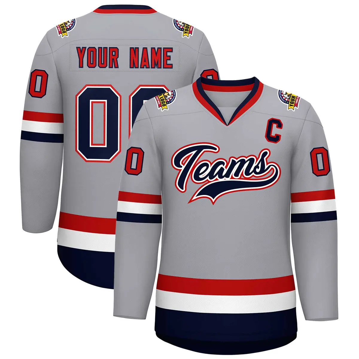 Gray Navy White-Red Classic Style Hockey Jersey