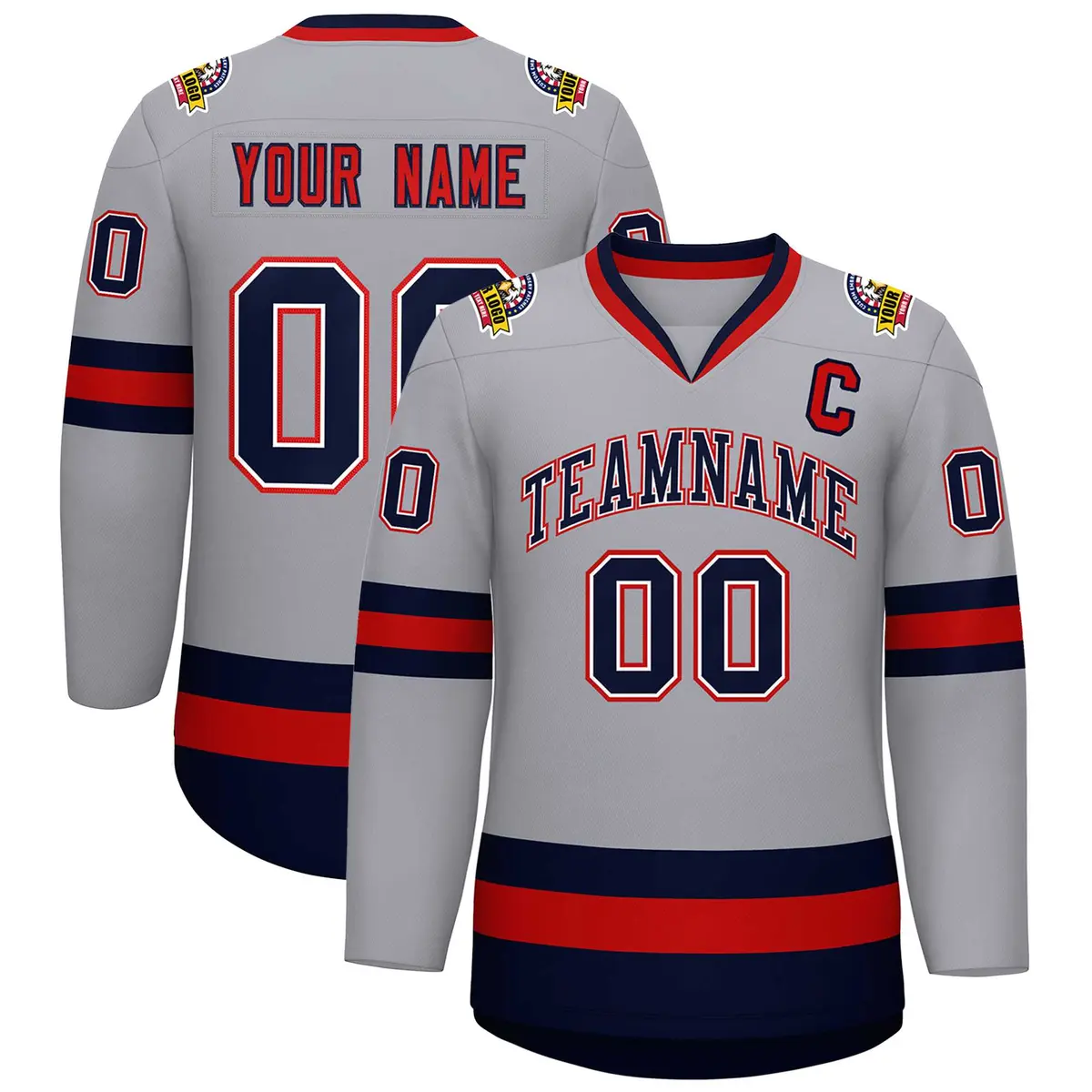 Gray Navy White-Red Classic Style Hockey Jersey
