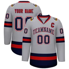 Gray Navy White-Red Classic Style Hockey Jersey