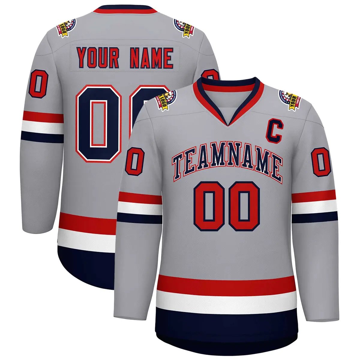 Gray Navy White-Red Classic Style Hockey Jersey