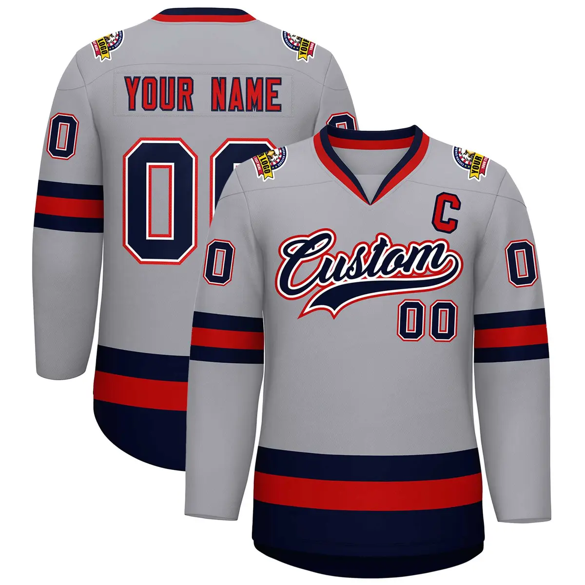 Gray Navy White-Red Classic Style Hockey Jersey