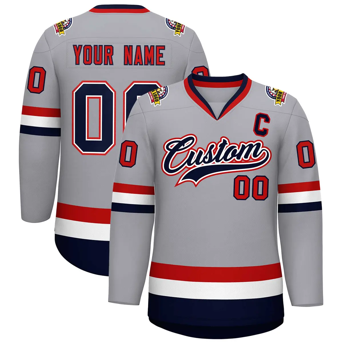 Gray Navy White-Red Classic Style Hockey Jersey