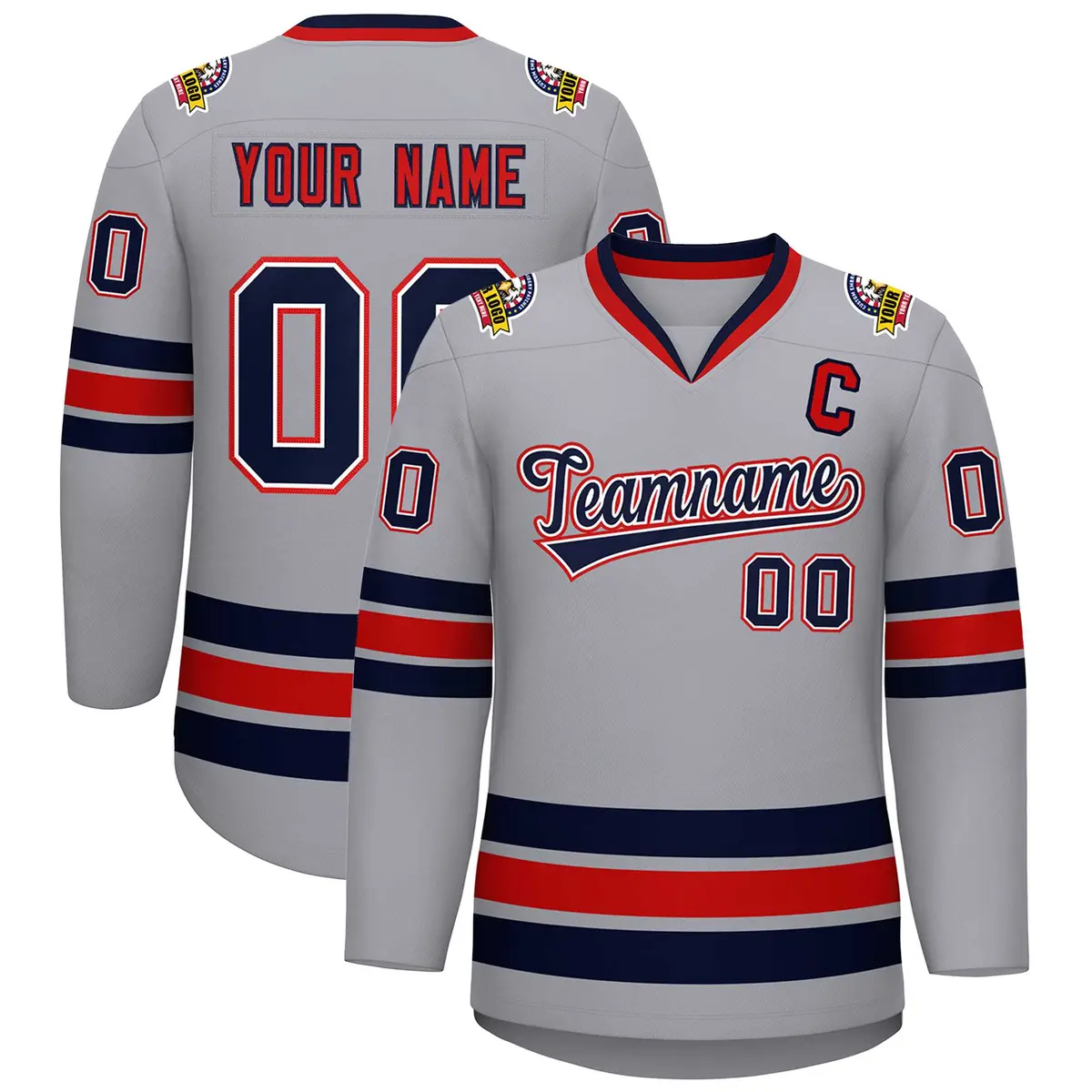 Gray Navy White-Red Classic Style Hockey Jersey