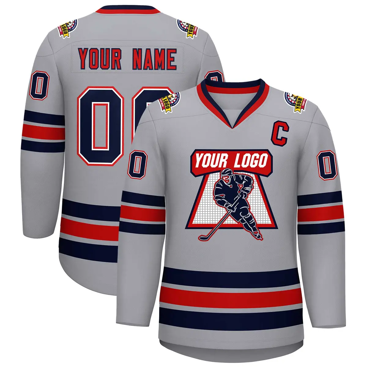 Gray Navy White-Red Classic Style Hockey Jersey
