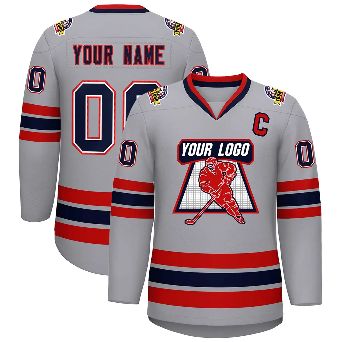 Gray Navy White-Red Classic Style Hockey Jersey