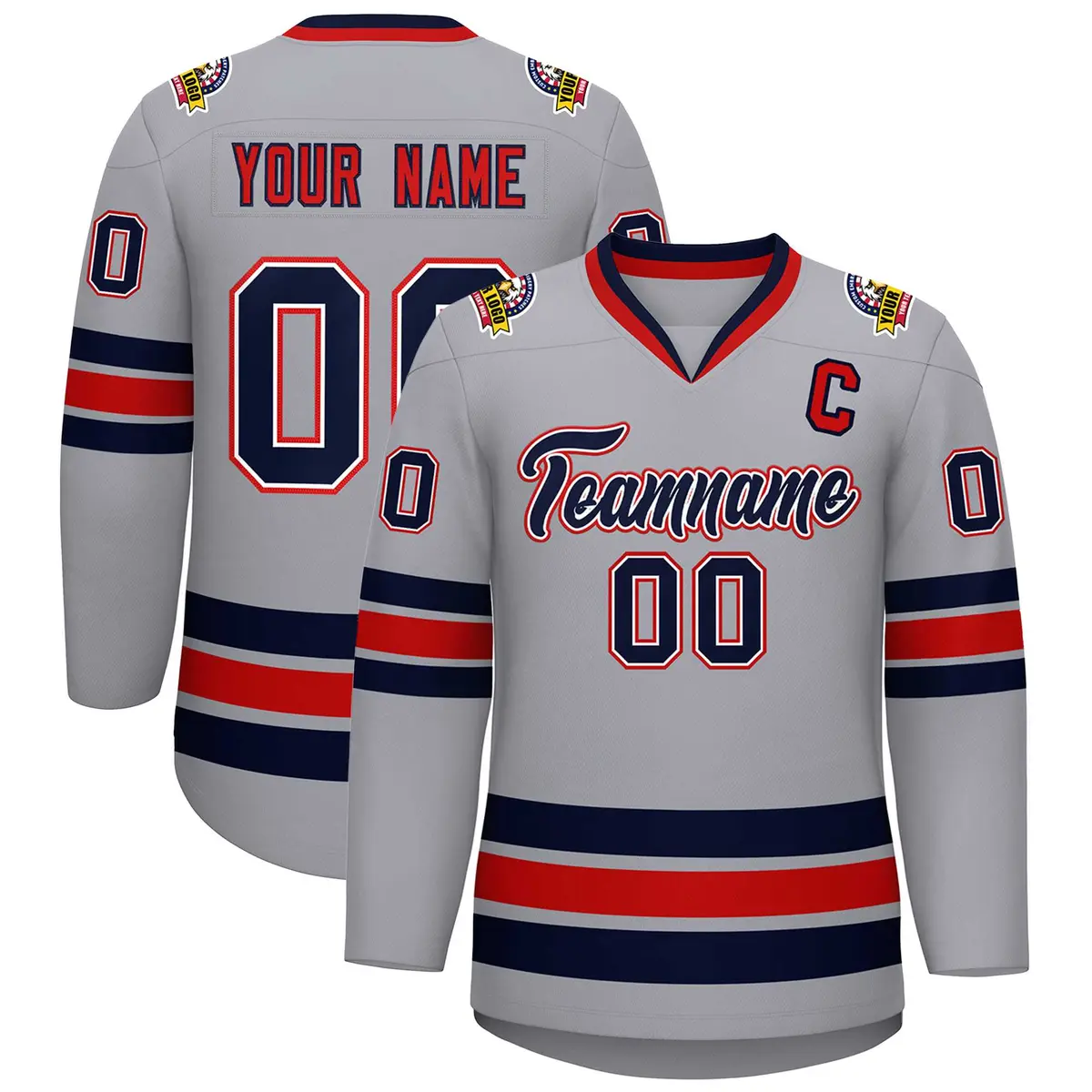 Gray Navy White-Red Classic Style Hockey Jersey