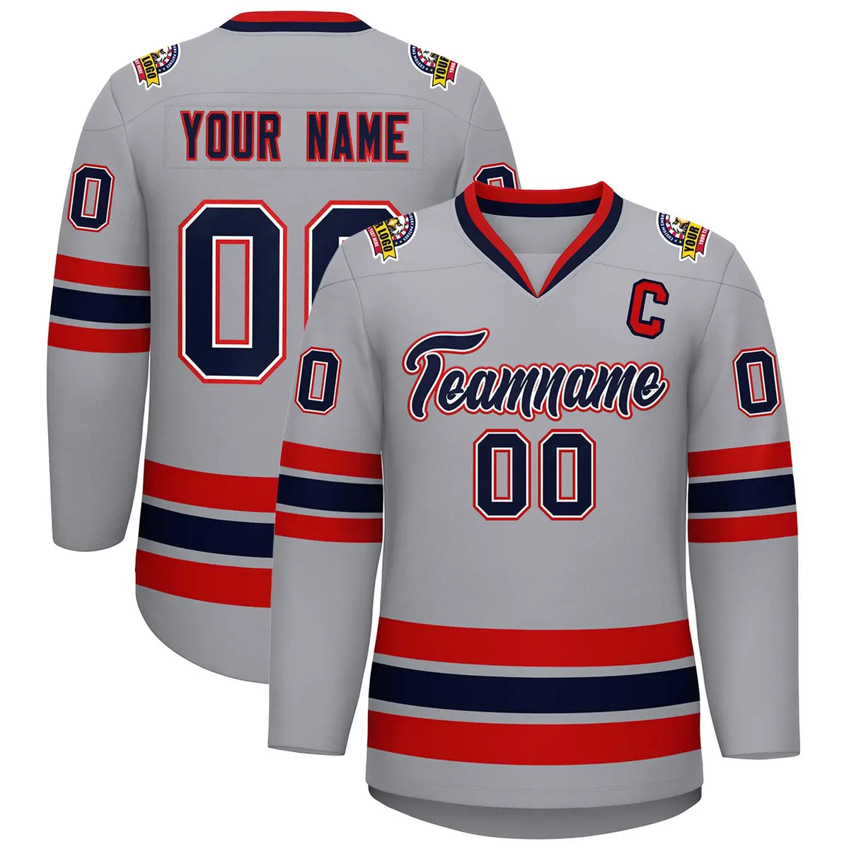 Gray Navy White-Red Classic Style Hockey Jersey