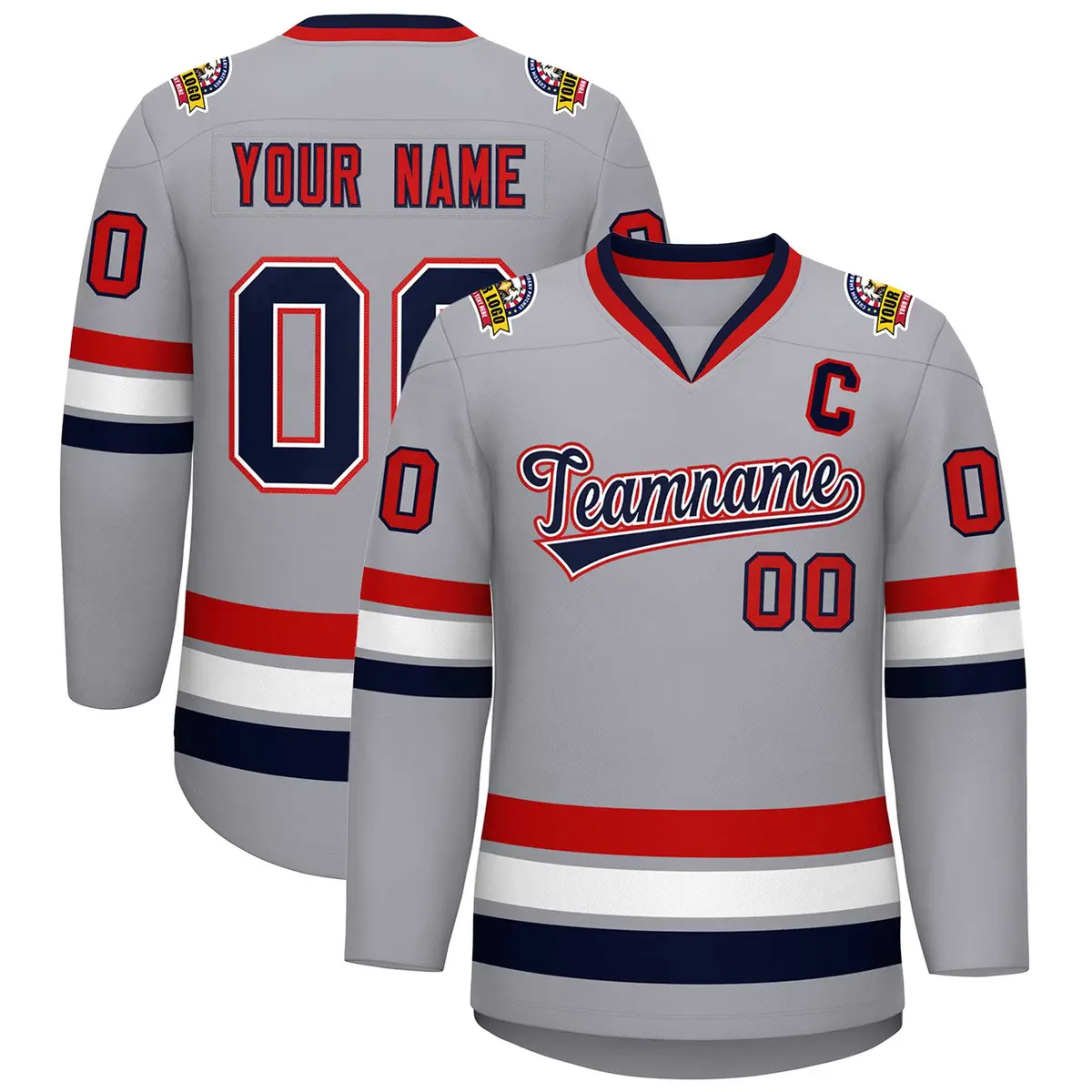 Gray Navy White-Red Classic Style Hockey Jersey