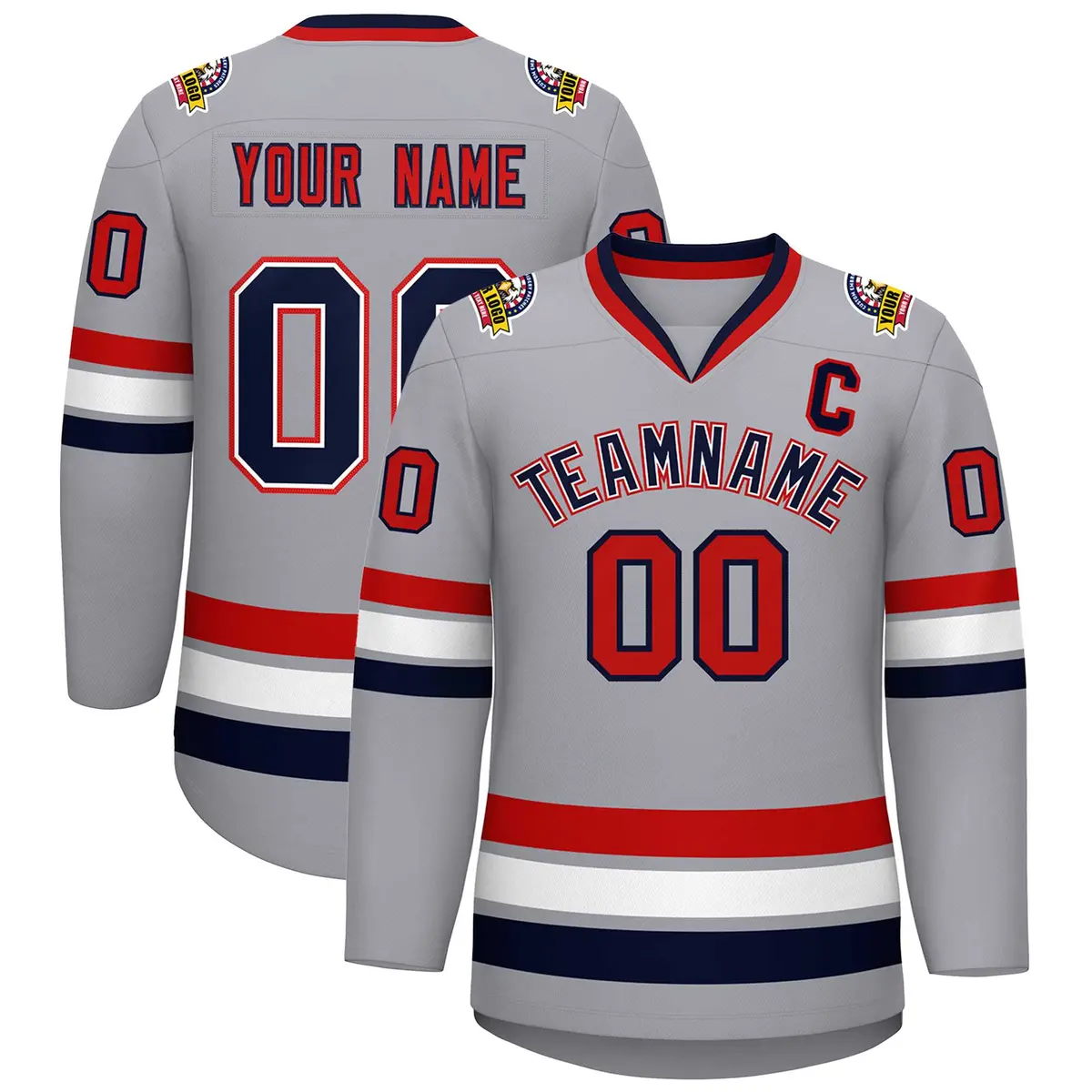 Gray Navy White-Red Classic Style Hockey Jersey