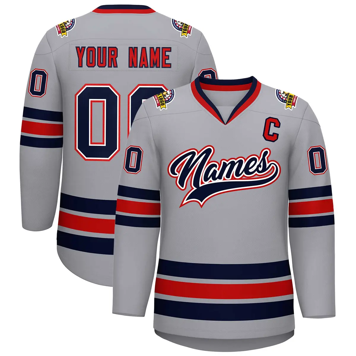 Gray Navy White-Red Classic Style Hockey Jersey