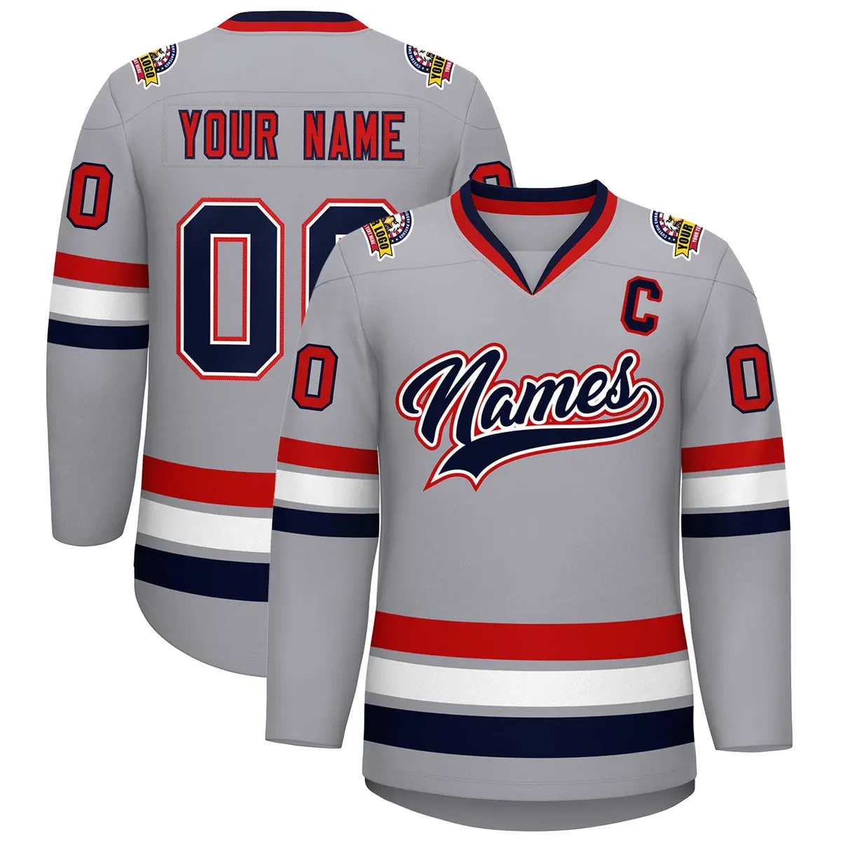 Gray Navy White-Red Classic Style Hockey Jersey