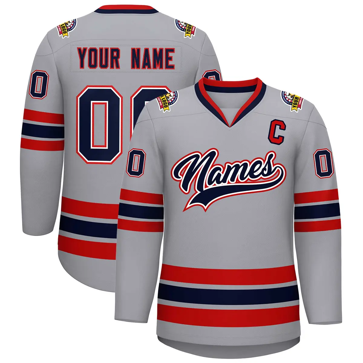 Gray Navy White-Red Classic Style Hockey Jersey