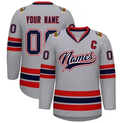 Gray Navy White-Red Classic Style Hockey Jersey 1