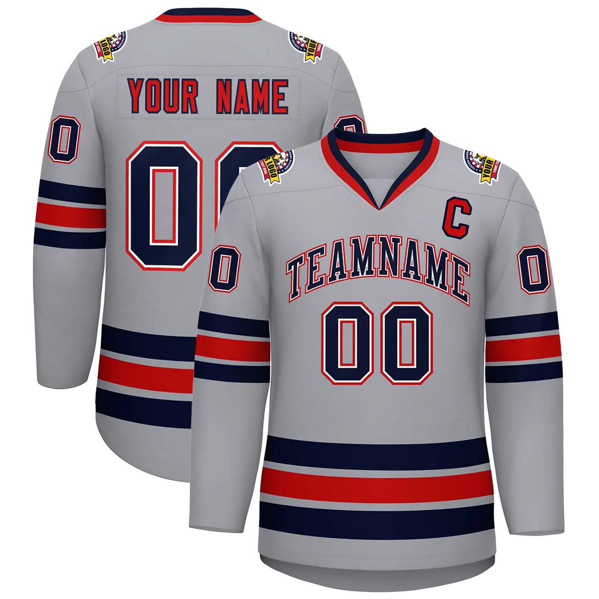 Gray Navy White-Red Classic Style Hockey Jersey