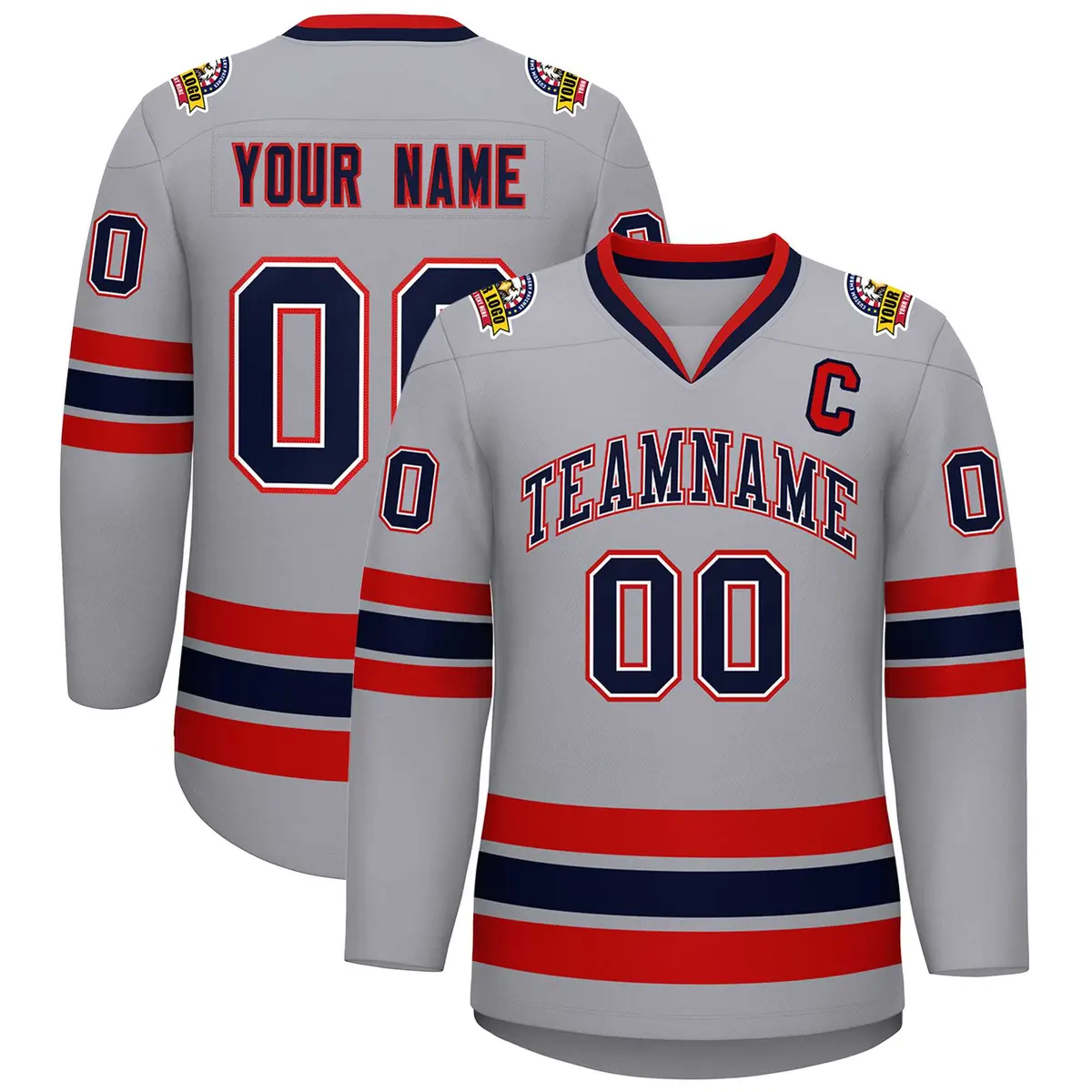 Gray Navy White-Red Classic Style Hockey Jersey
