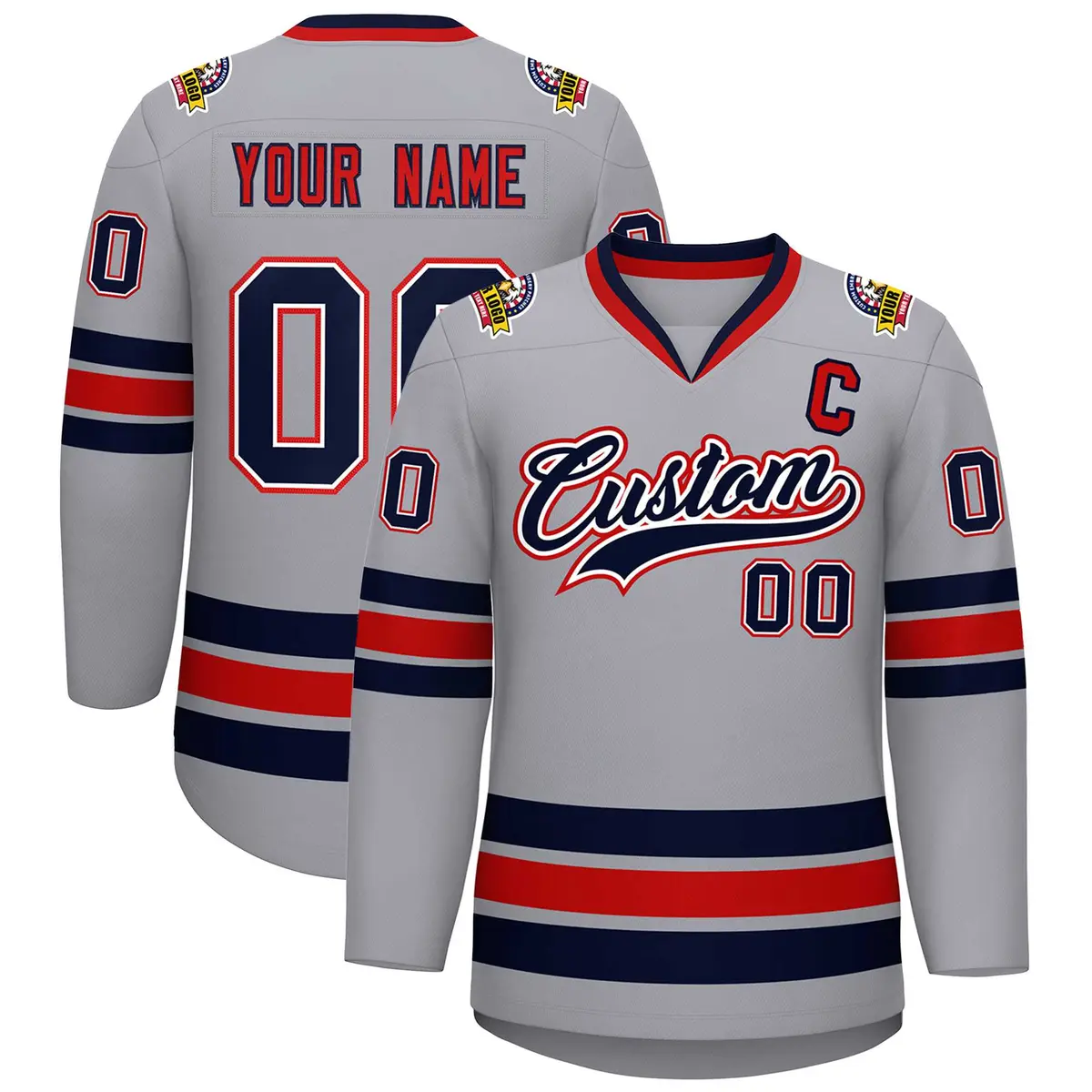 Gray Navy White-Red Classic Style Hockey Jersey