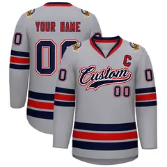 Gray Navy White-Red Classic Style Hockey Jersey 1
