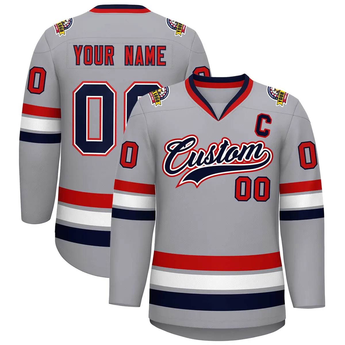 Gray Navy White-Red Classic Style Hockey Jersey