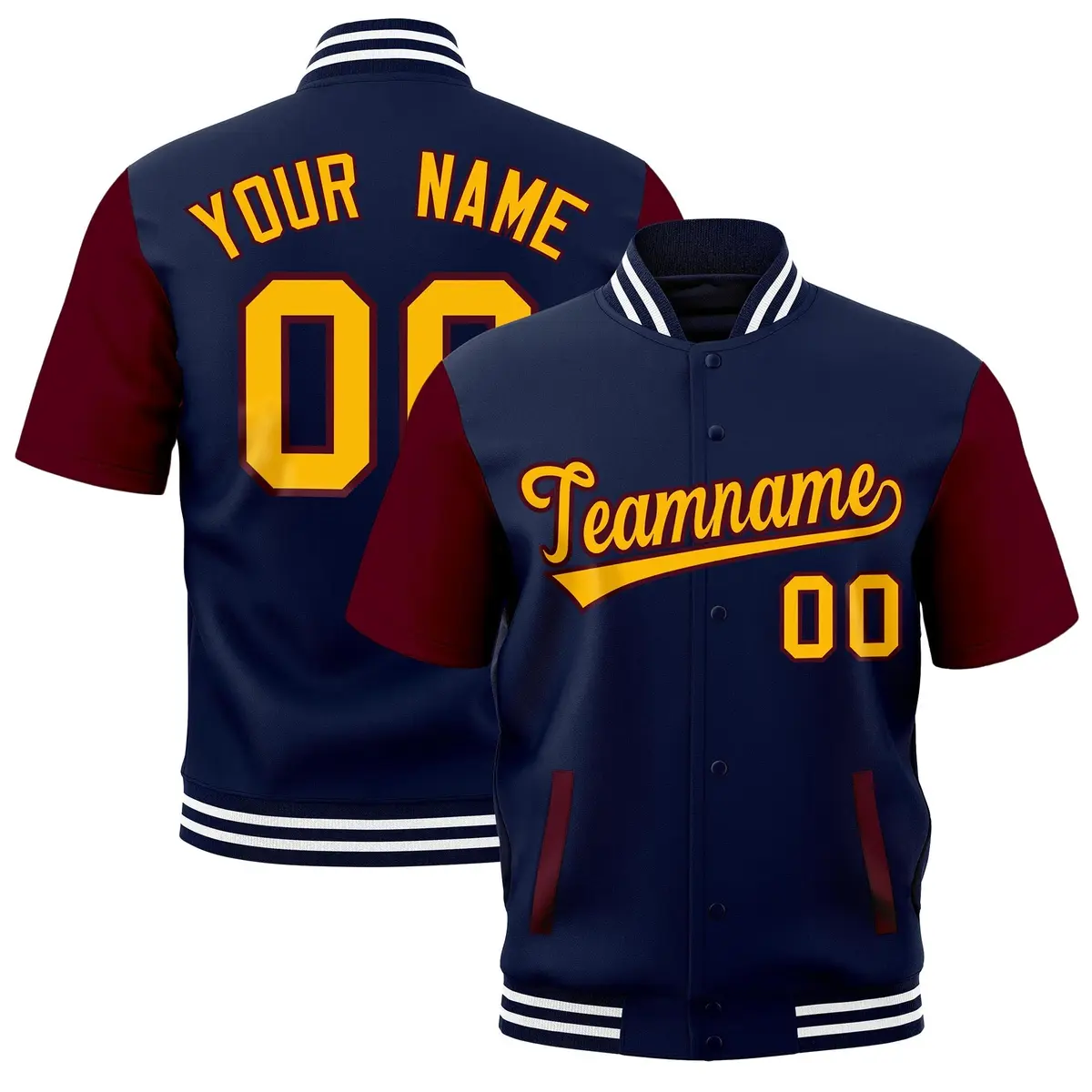 Gray Navy White Short Sleeve Full-Snap Varsity Jacket
