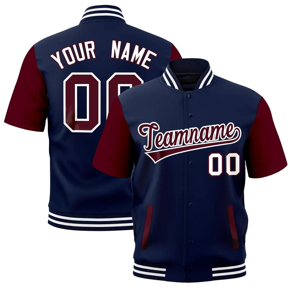 Gray Navy White Short Sleeve Full-Snap Varsity Jacket