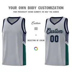 Gray Navy-White Side Stripe Basketball Jersey 3