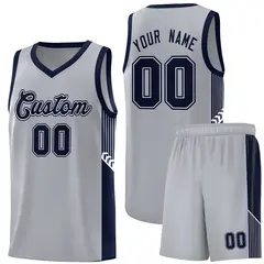 Gray Navy-White Side Stripe Basketball Jersey