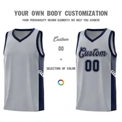 Gray Navy-White Side Stripe Basketball Jersey 3
