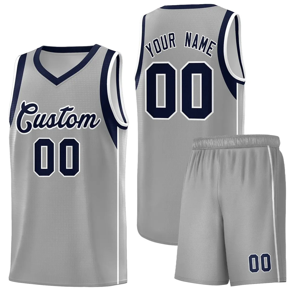 Gray Navy-White Sleeve Color Block Classic Basketball Jersey