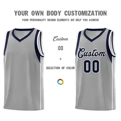 Gray Navy-White Sleeve Color Block Classic Basketball Jersey 3