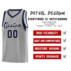 Gray Navy-White Sleeve Color Block Classic Basketball Jersey 5
