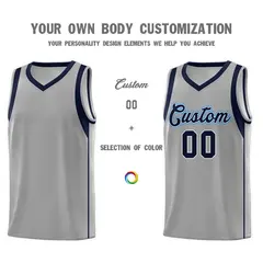 Gray Navy-White Sleeve Color Block Classic Basketball Jersey 3
