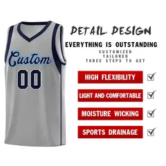 Gray Navy-White Sleeve Color Block Classic Basketball Jersey 5