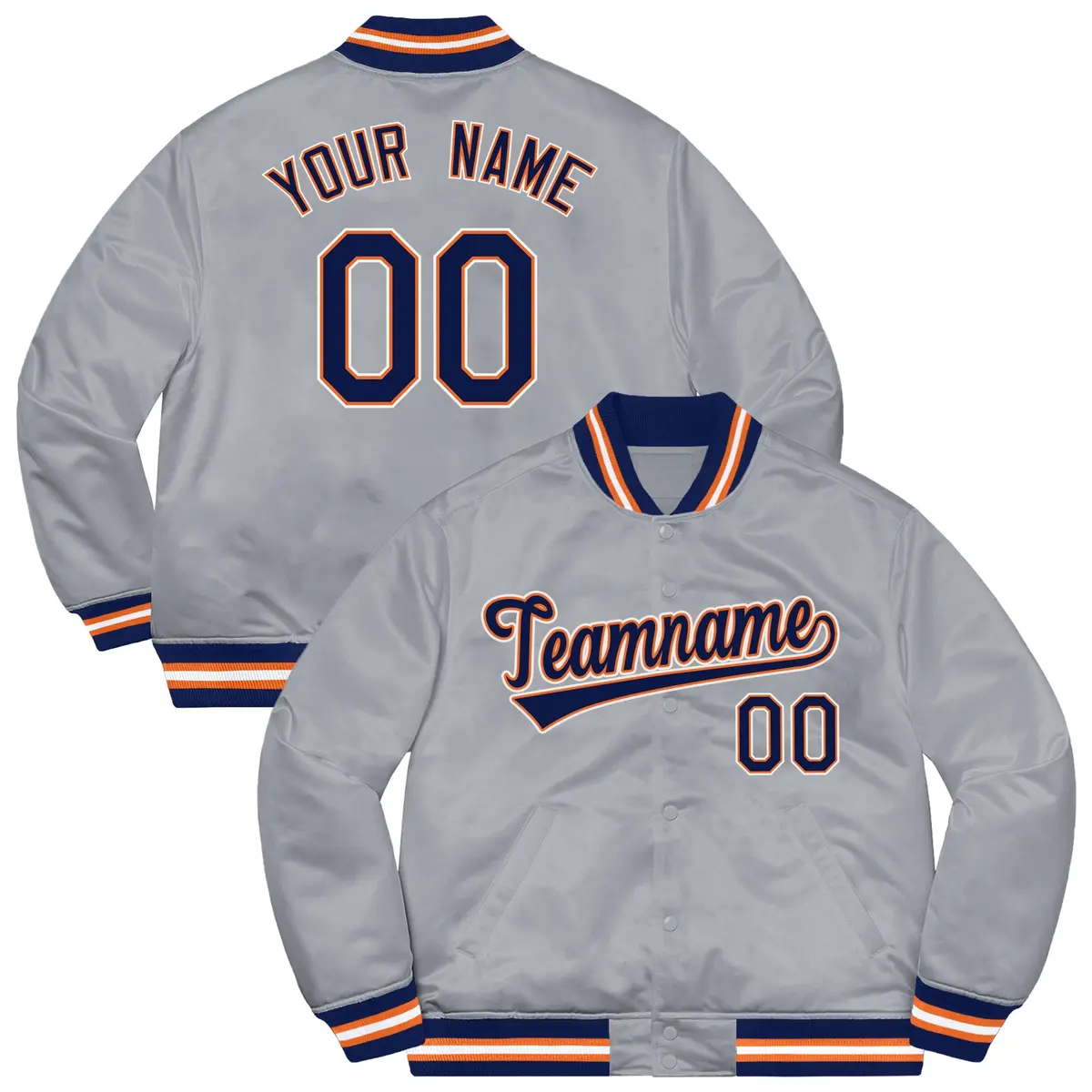 Gray Navy-White Solid Varsity Full-Snap Letterman Jacket