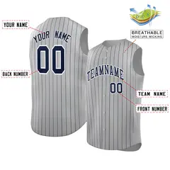 Gray Navy-White Striped Sleeveless Fashion Baseball Jersey 2