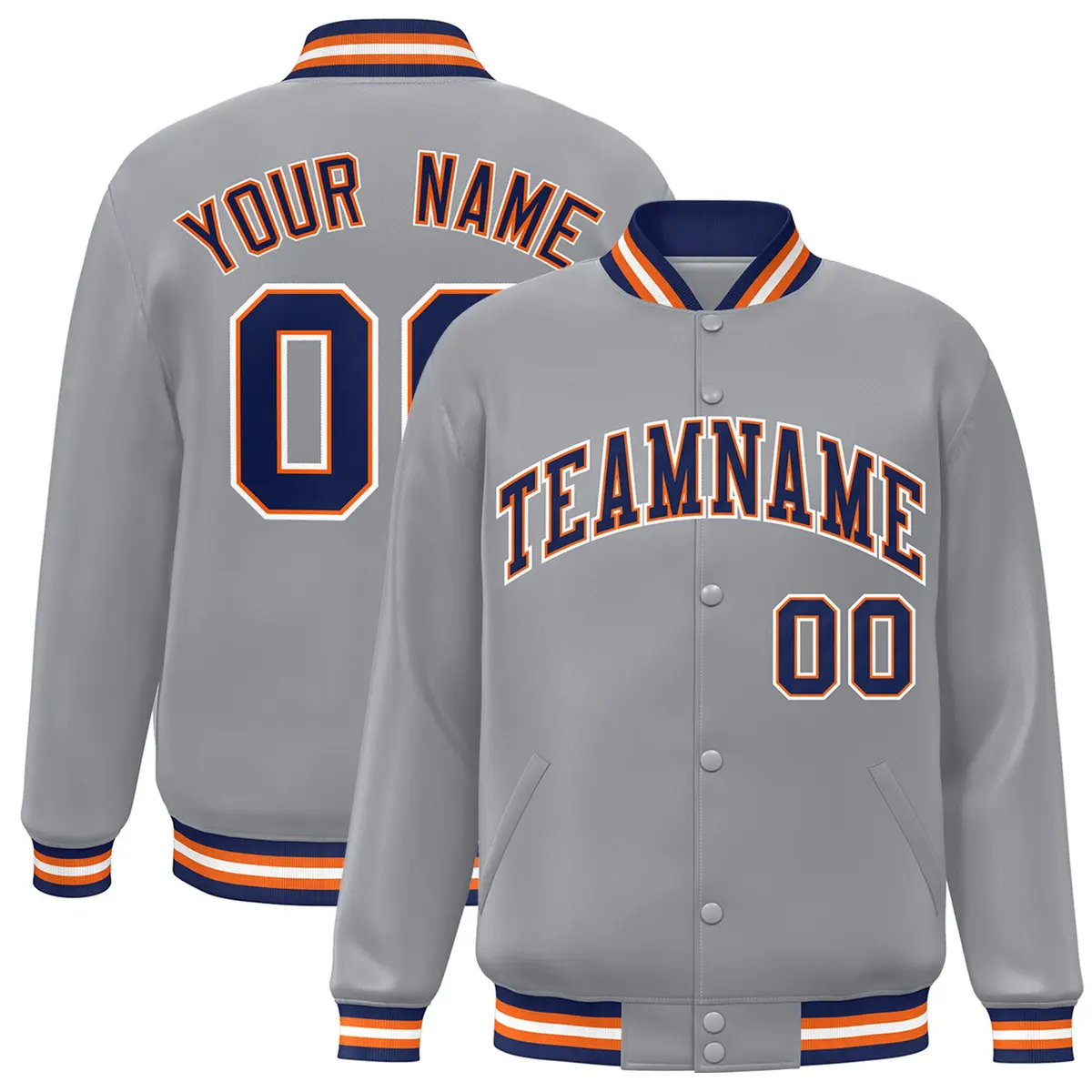 Gray Navy-White Varsity Full-Snap Bomber Letterman Jacket