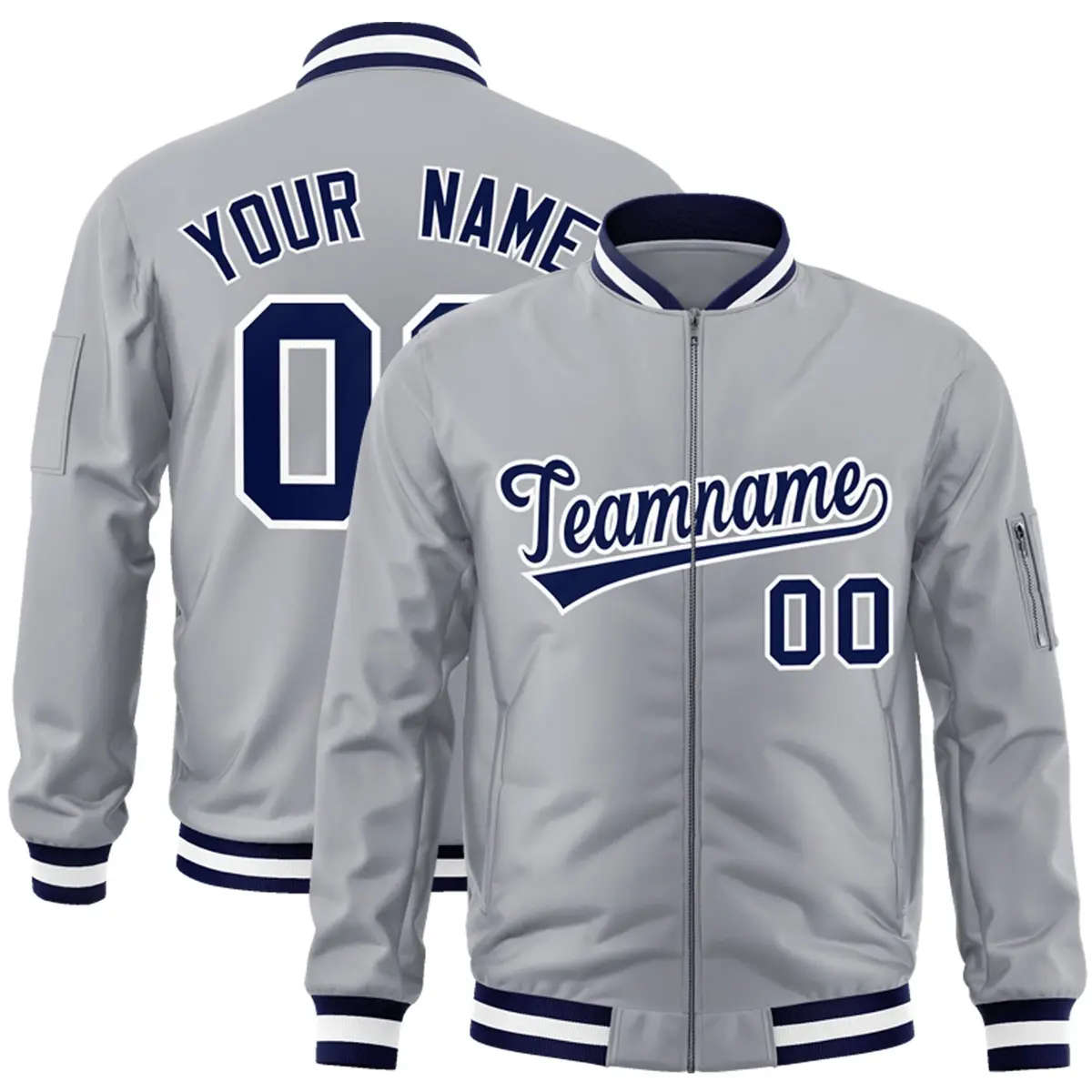Gray Navy-White Varsity Full-Zip Letterman Bomber Jacket
