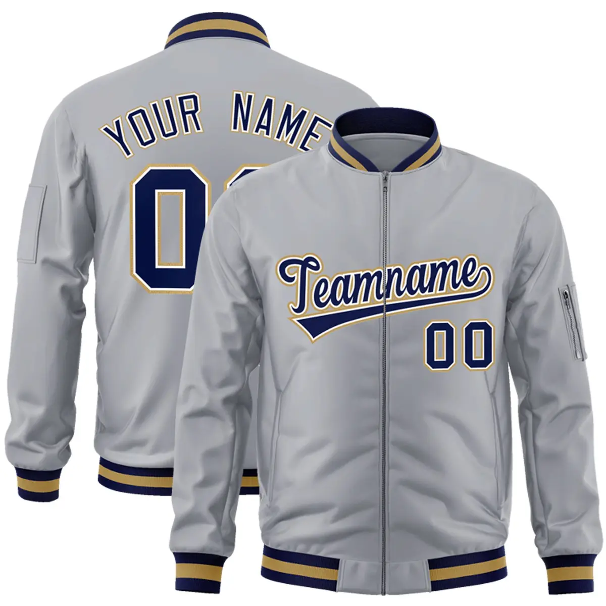 Gray Navy-White Varsity Full-Zip Letterman Bomber Jacket