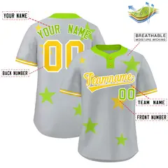 Gray Neon Green Star Graffiti Two-Button Baseball Jersey 2