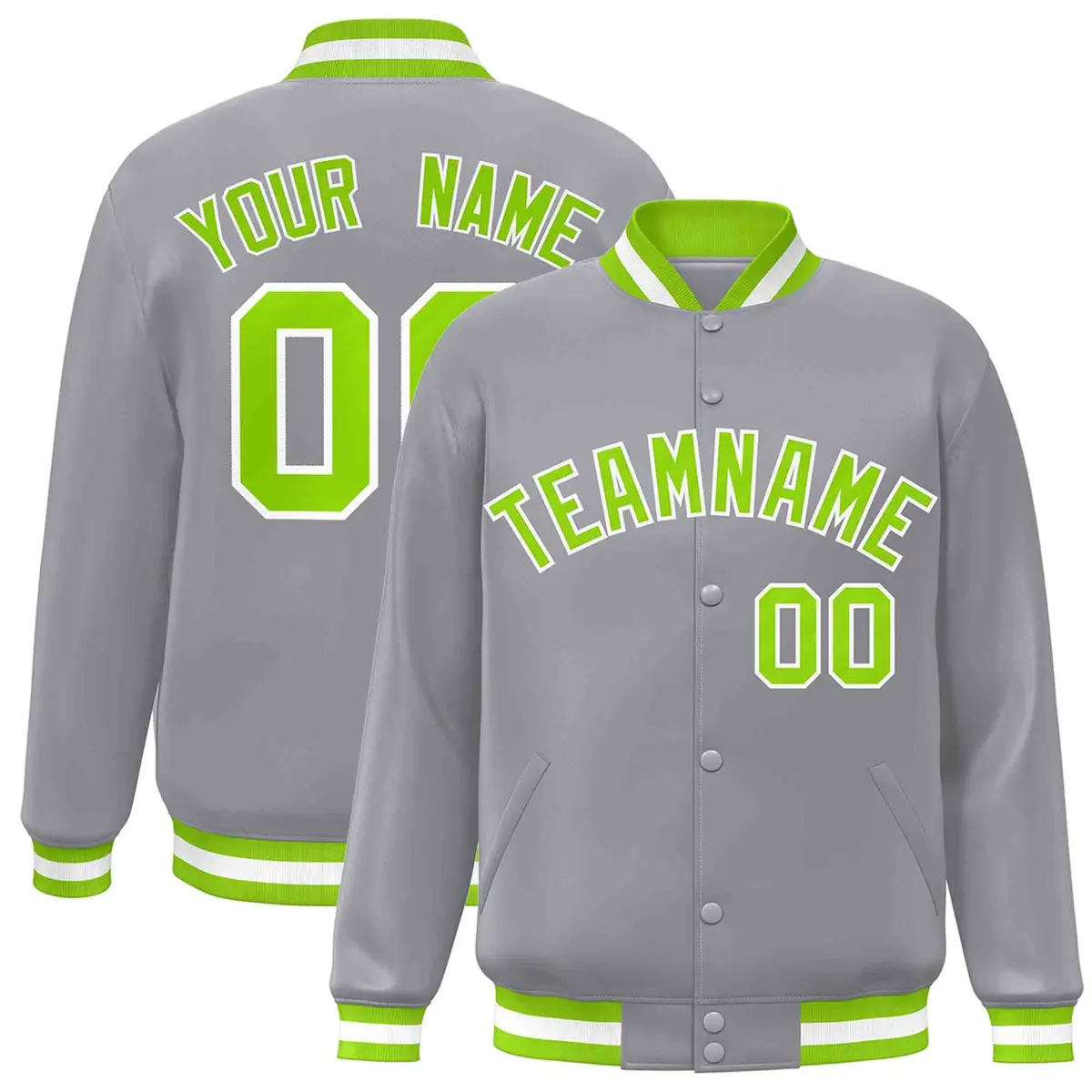 Gray Neon Green-White Varsity Full-Snap Letterman Jacket