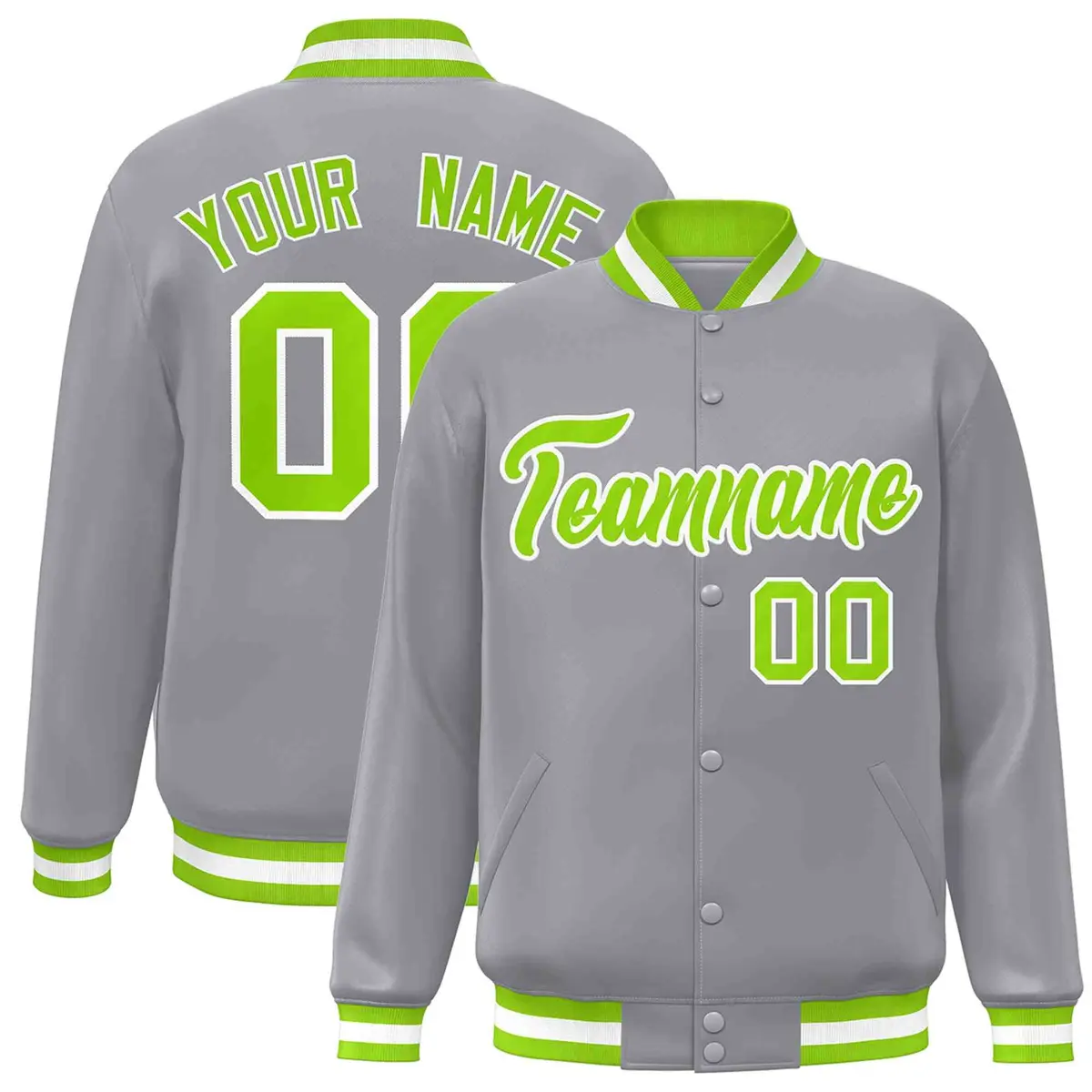 Gray Neon Green-White Varsity Full-Snap Letterman Jacket