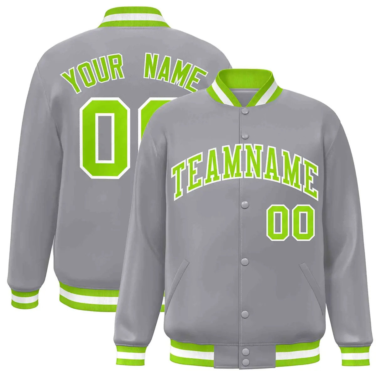 Gray Neon Green-White Varsity Full-Snap Letterman Jacket