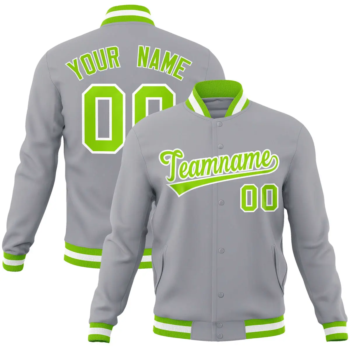 Gray Neon Green-White Varsity Full-Snap Letterman Jacket