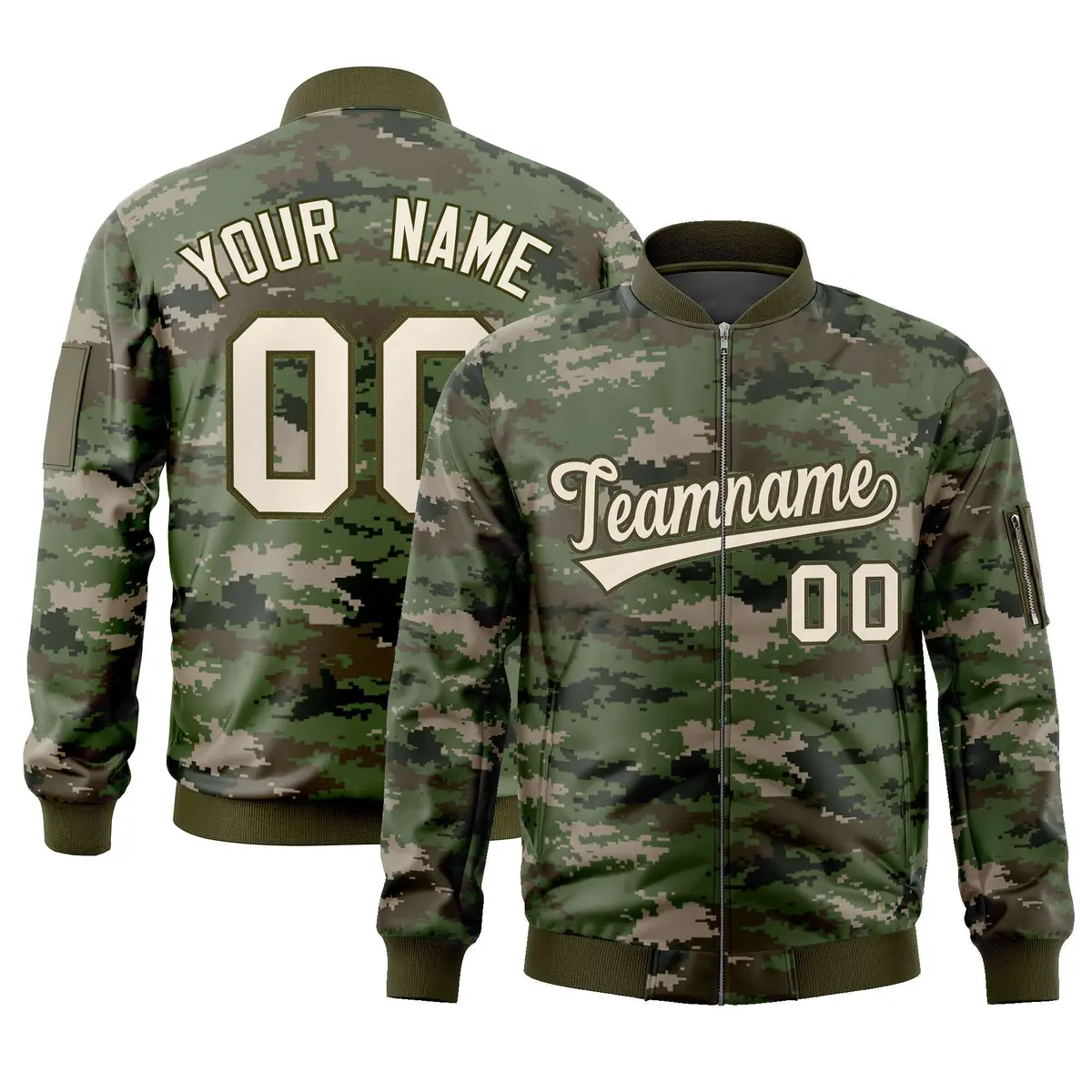 Gray Olive Varsity Full-Zip Camo Letterman Bomber Jacket