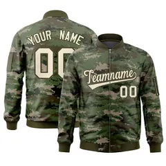 Gray Olive Varsity Full-Zip Camo Letterman Bomber Jacket
