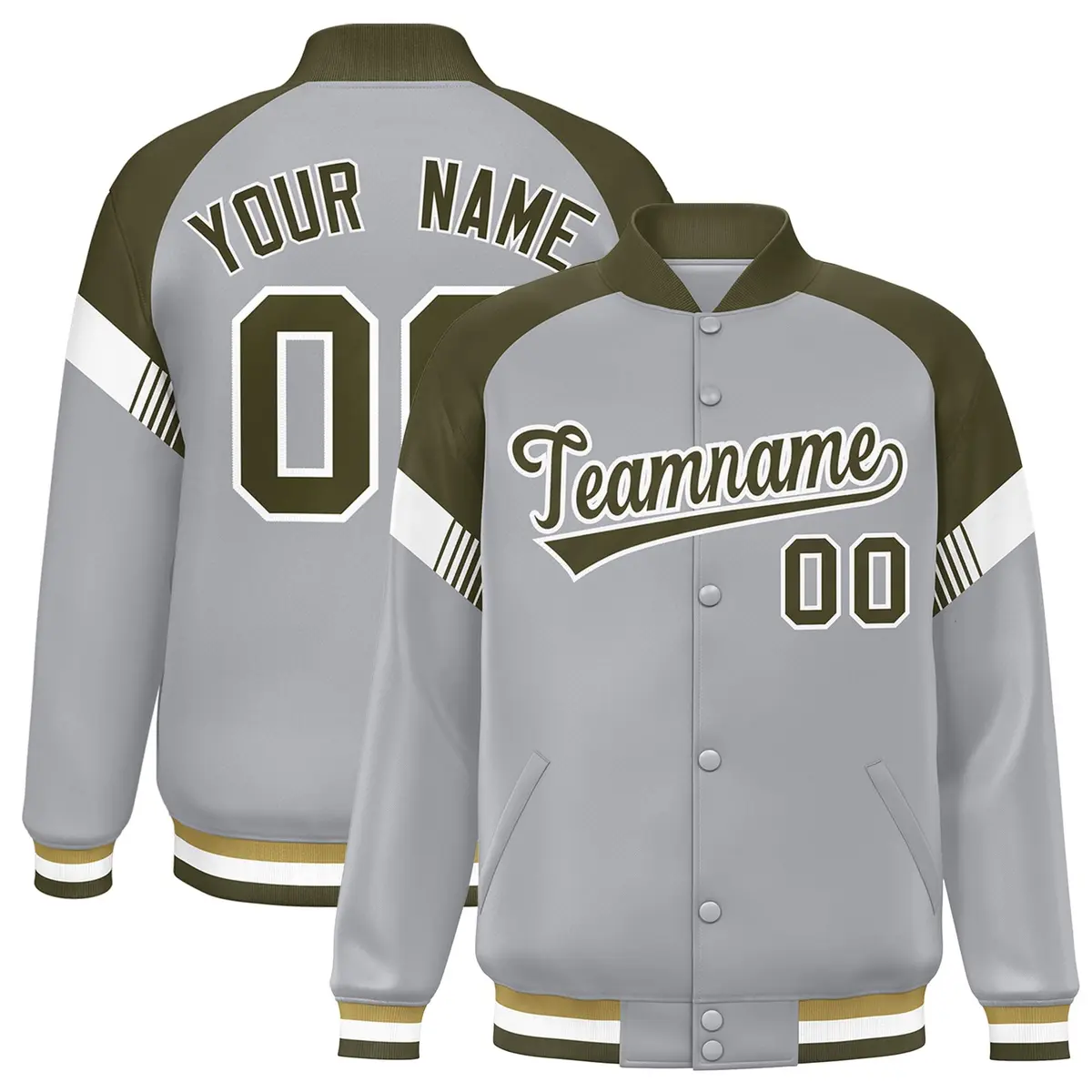 Gray Olive-White Color Block Varsity Letterman Jacket