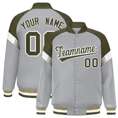 Gray Olive-White Color Block Varsity Letterman Jacket