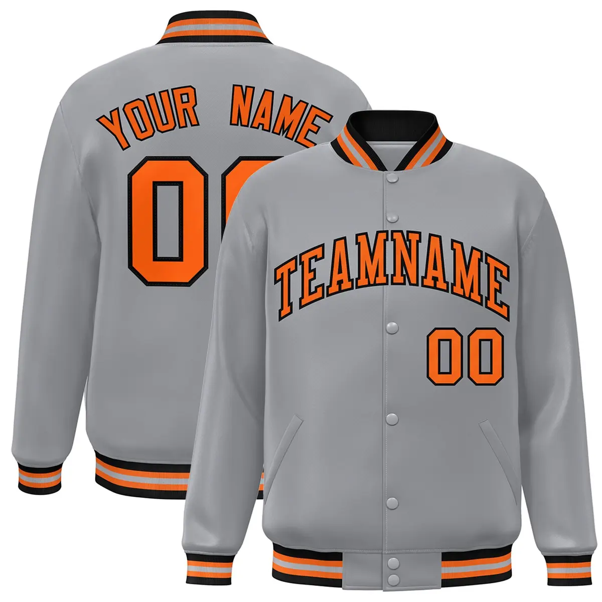 Gray Orange-Black Classic Bomber Full-Snap Varsity Jacket