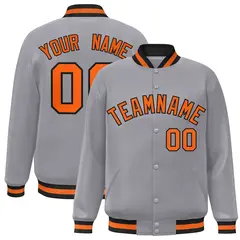 Gray Orange-Black Full-Snap Varsity Letterman Jacket 1