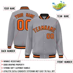 Gray Orange-Black Full-Snap Varsity Letterman Jacket 2