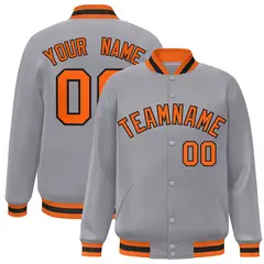 Gray Orange-Black Full-Snap Varsity Letterman Jacket 1
